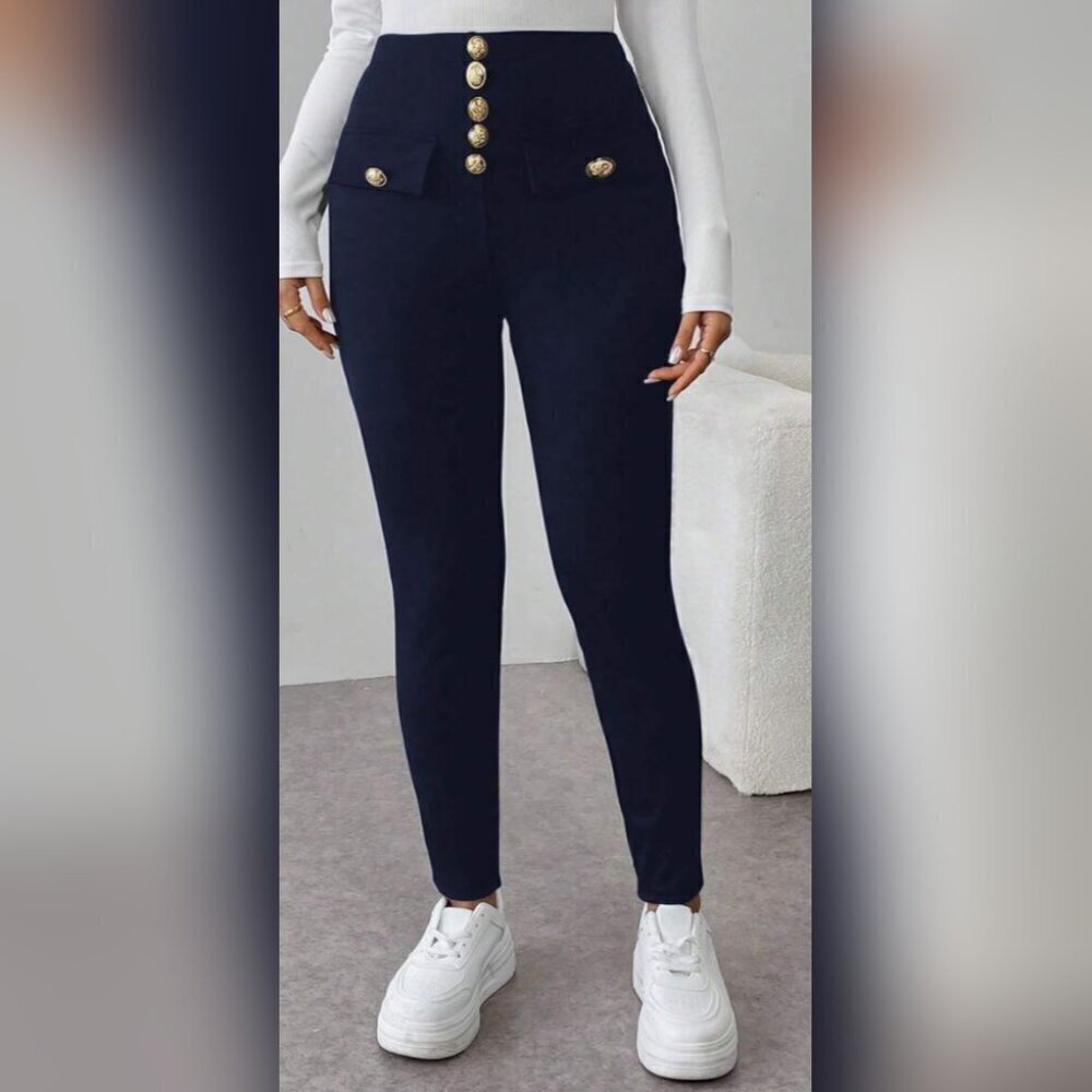 Navy Blue Women's Casual Elegant Pants - Picture 2 of 2
